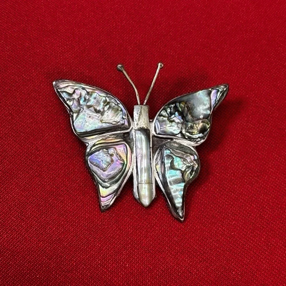 Mexico Gold Tone Abalone‎ Mother of Pearl Butterfly Brooch Pin Large Vintage